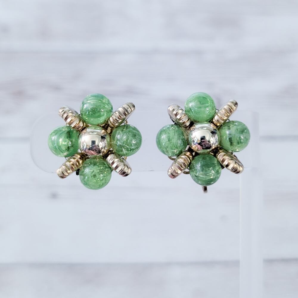 Vintage Clip On Earrings Green & Gold Tone Stylish Statement